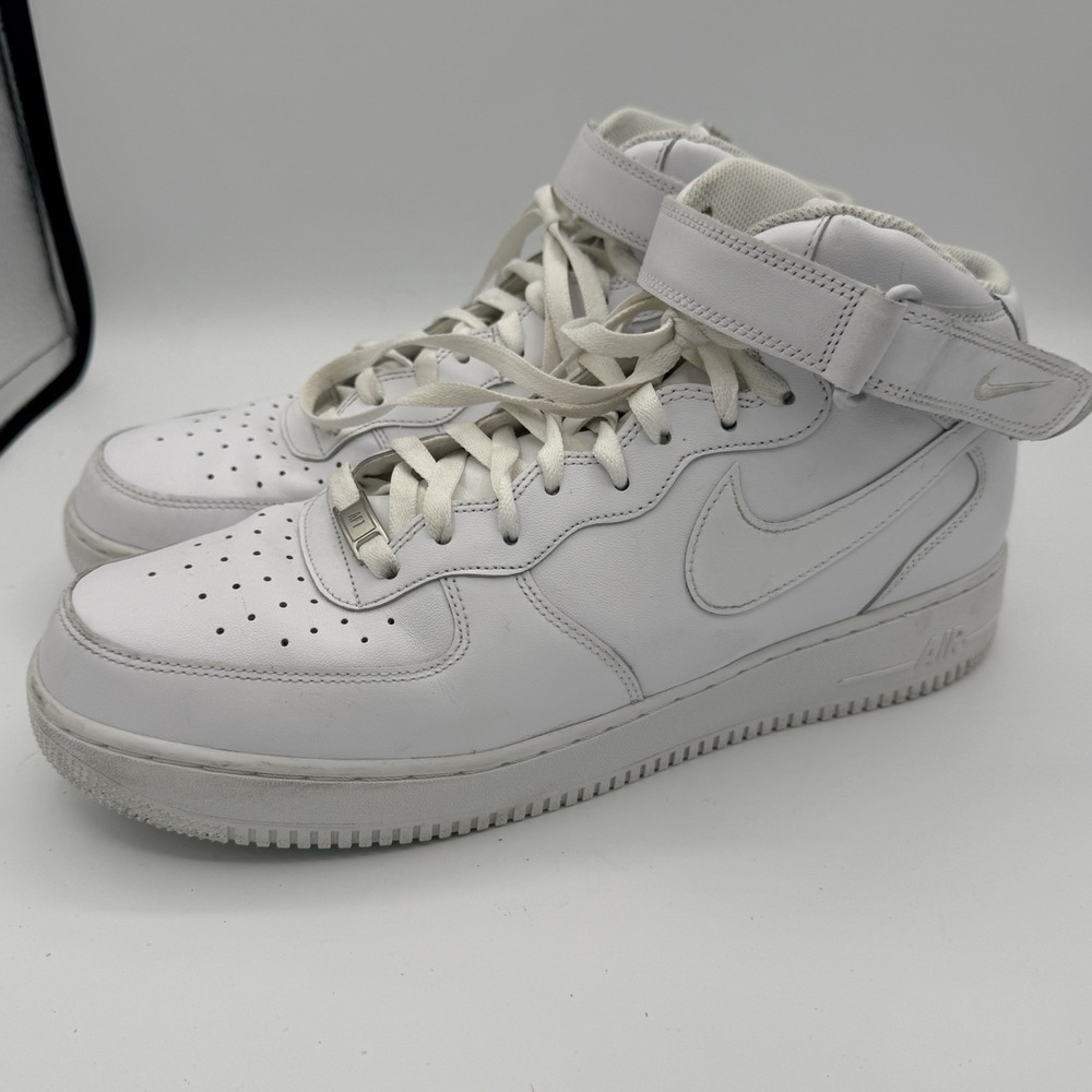 Nike Air Force 1 Mid Triple White Mens Size 13 High Top Strap Sneakers